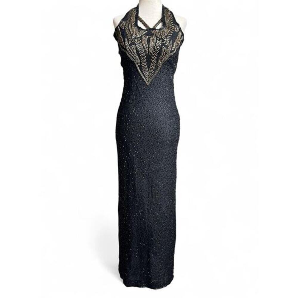 100% Silk Beaded Formal Halter Dress Size XS Statement Dress Glam Luxe